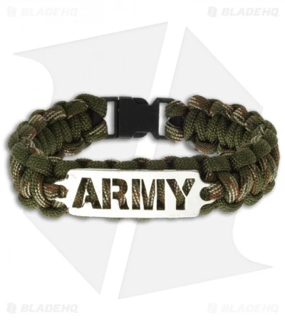 Single Tied Paracord Survival Bracelet W/ Army Plate (Light Camo) - Image 2